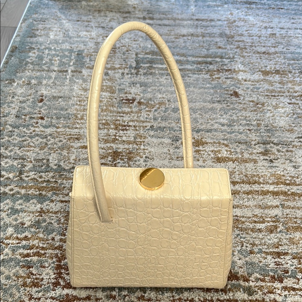 Cream Croc-Embossed Shoulder Bag with Gold Hardware